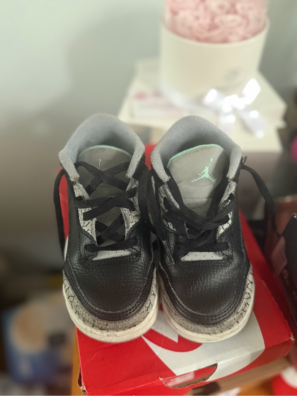 Jordan 3s size 8C Black and Mint Accent Sneakers